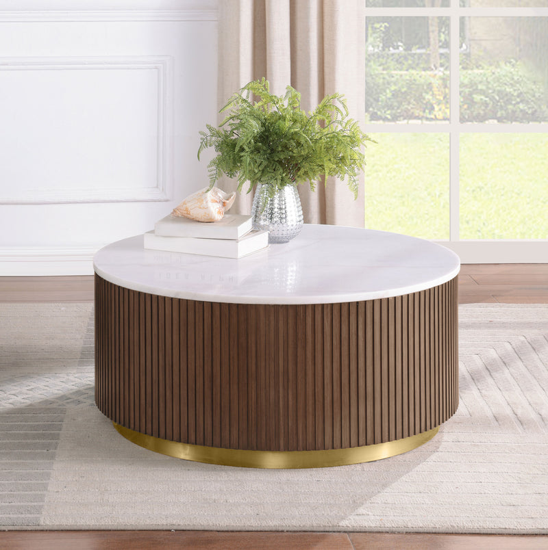 Jason Round White Marble Coffee Table & End Table - Reeded Honey Brown Drum Base with Gold Ring