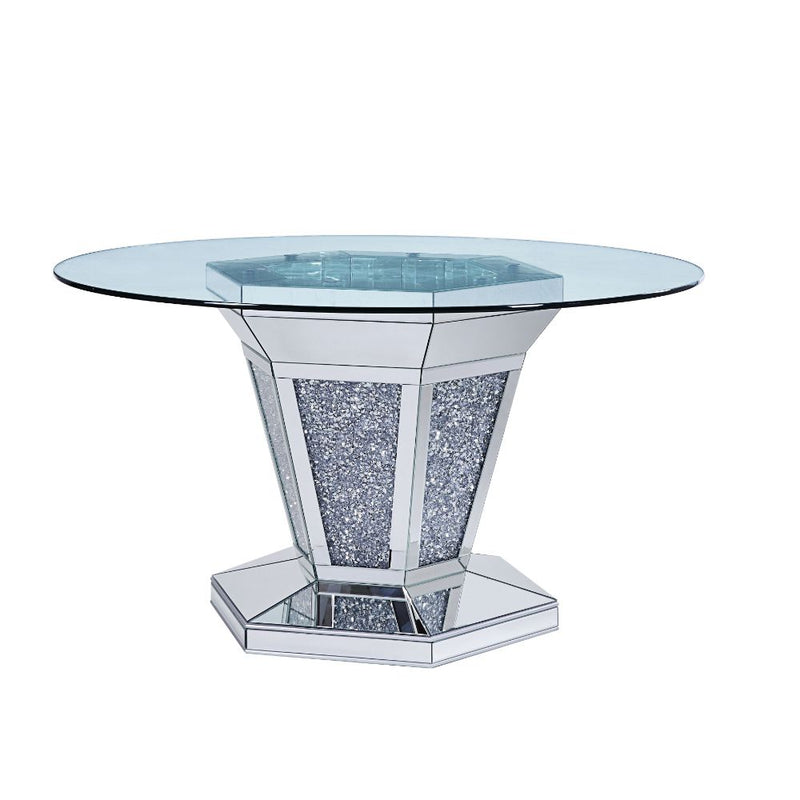 Noralie Round Glass Dining Table - Mirrored Pedestal with Faux Diamond Inlay