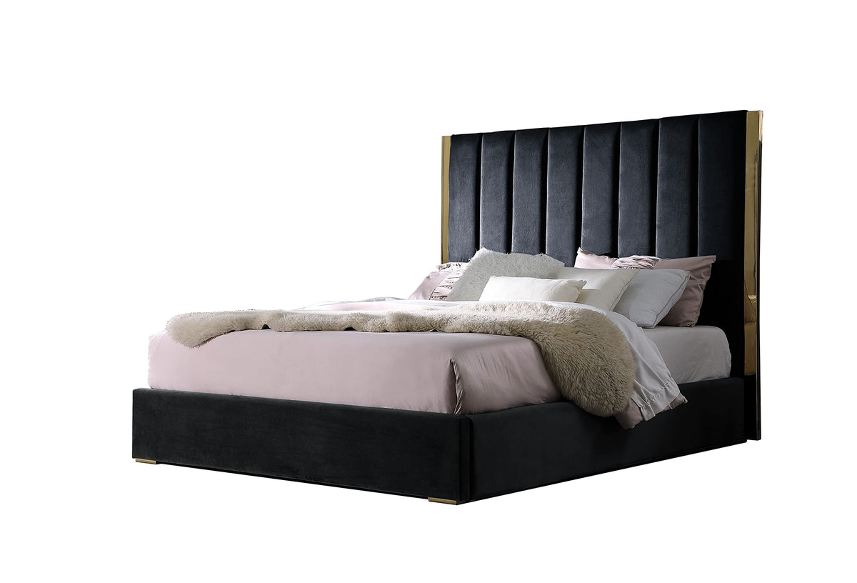 Jalen Modern Velvet Upholstered Platform Bed Frame, California King, Glam Contemporary Design (Black