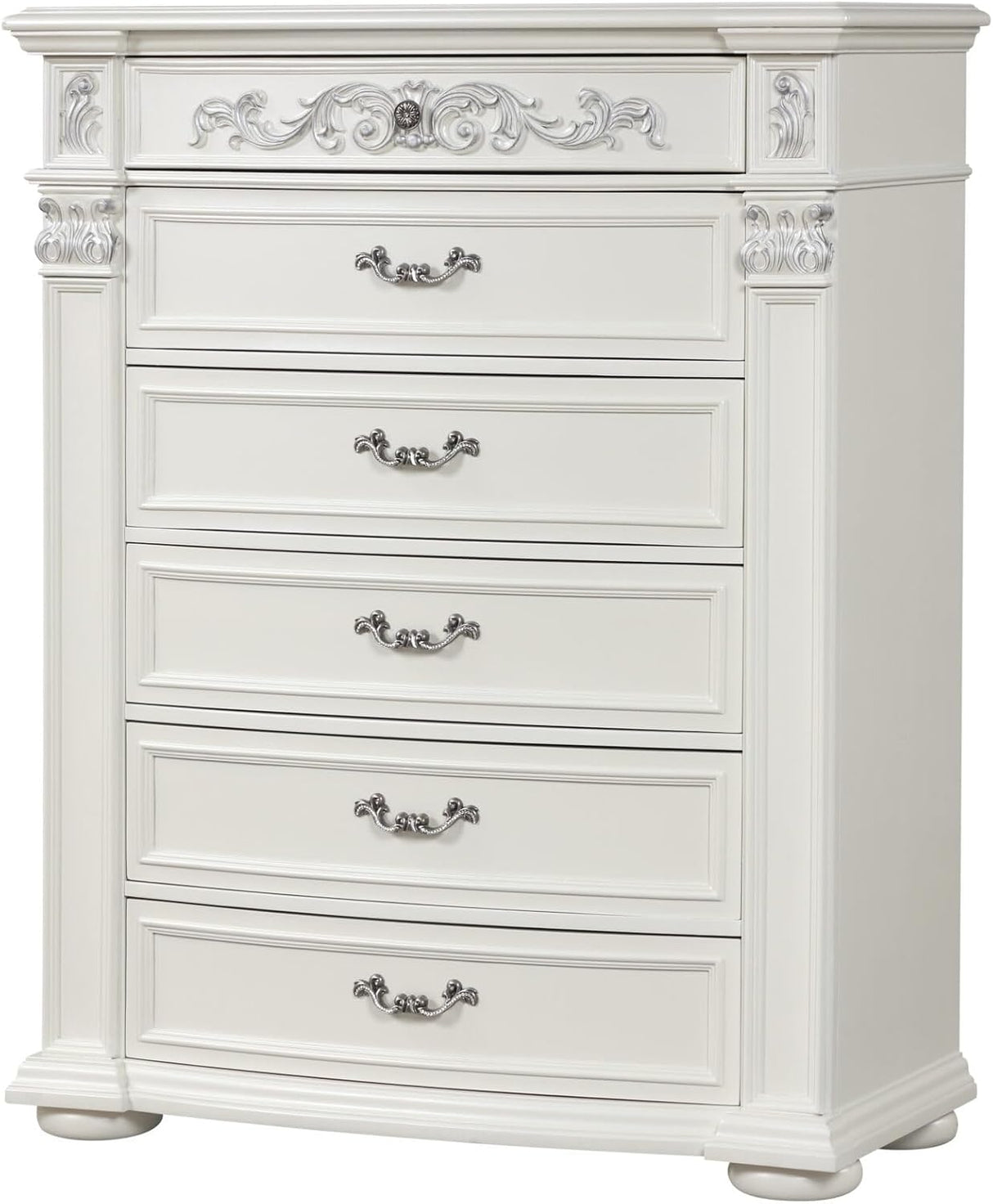 A white five-drawer dresser with ornate silver metal drawer pulls and decorative carved details on the top drawer front and side pillars, shown against a plain white background.