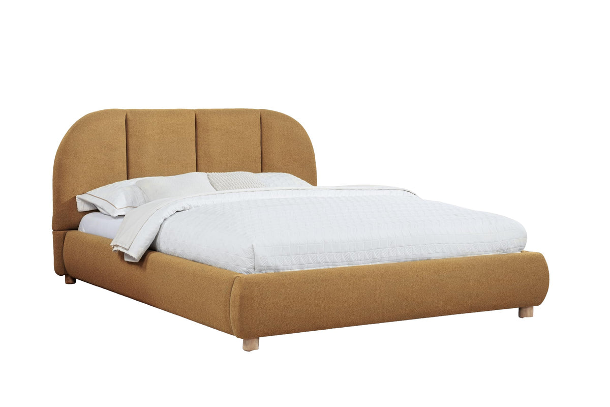 Ctasia Queen Burlap Bed Frame with 40" Rounded Headboard, Low Profile in Golden Brown