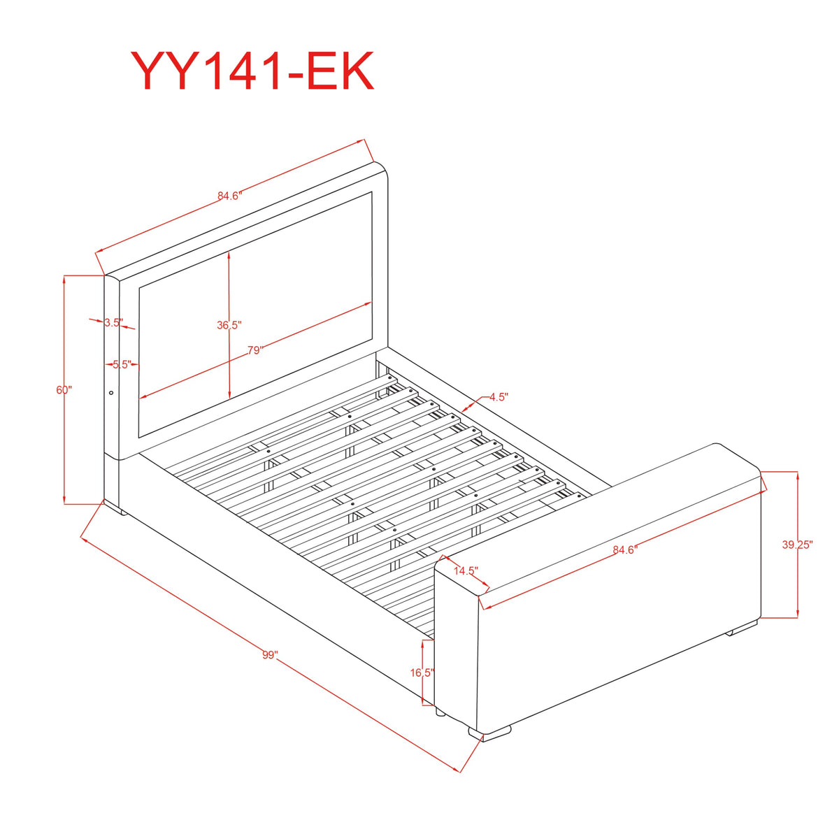 Yureya Upholstered Modern Platform Bed Frame with Hidden TV Lift Storage, King, Fireplace Light… - side view