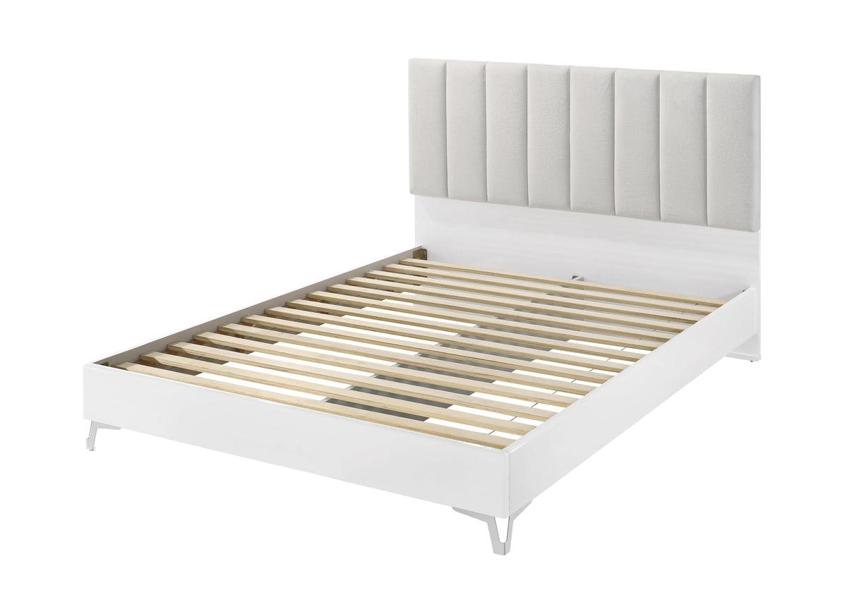Linea 83" Queen Bed Frame, White Frame with Beige Padded Headboard - angle view