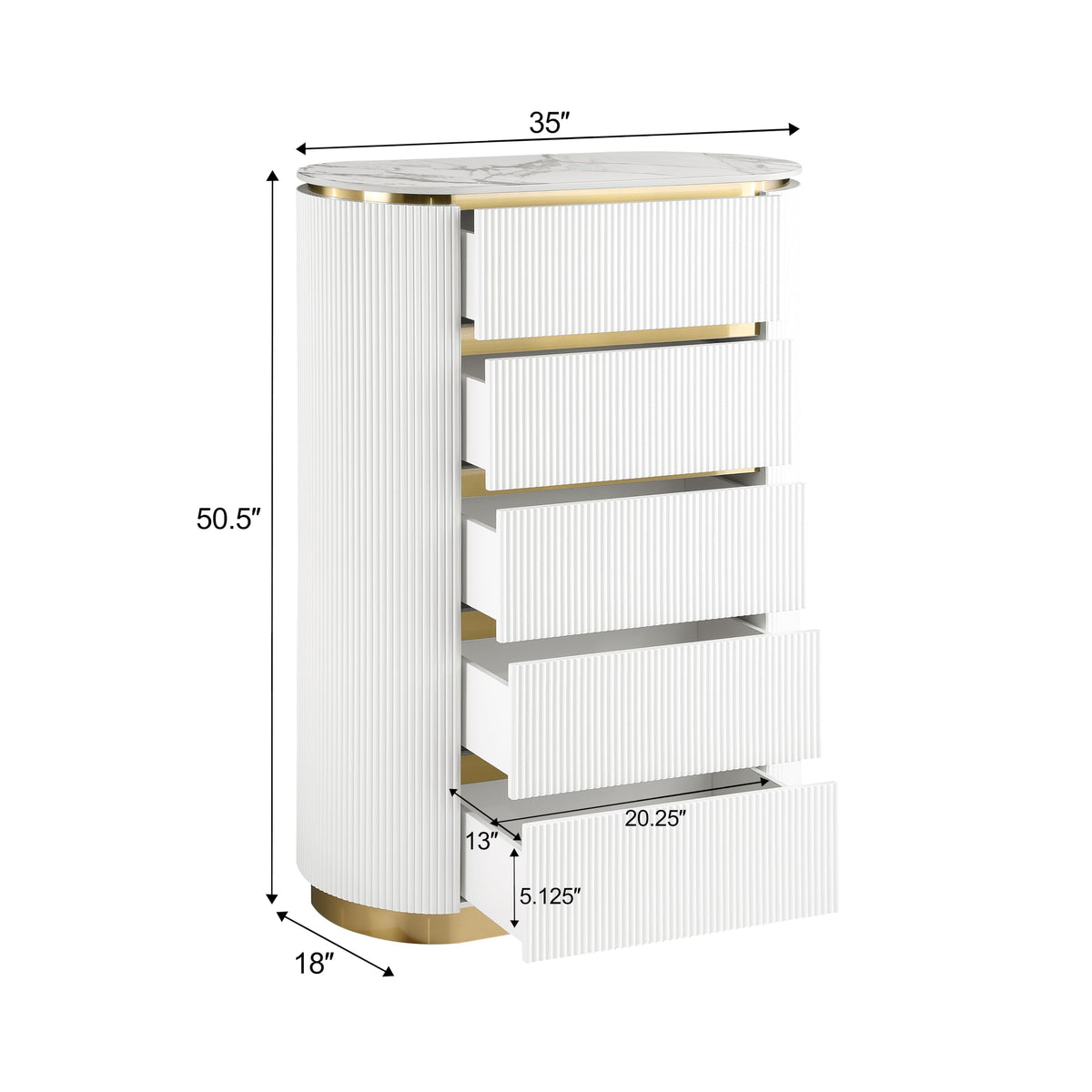 Trandell 51" High Modern Glam Faux Marble Top 5-Drawer Chest - side view - White