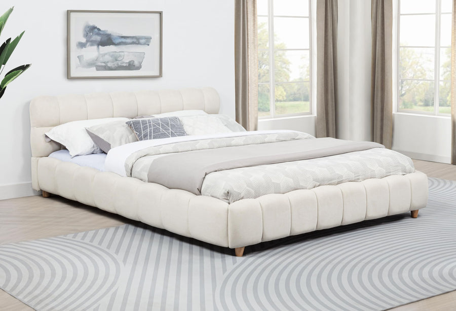 Ctoria Queen Burlap Bed Frame with 30" Curved Block-Style Headboard, Low Profile in Cream