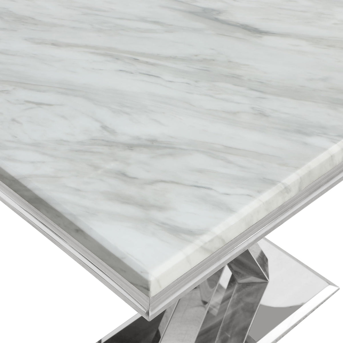 Leona Contemporary White Rectangular Faux Marble Dining Table in Silver - detail view