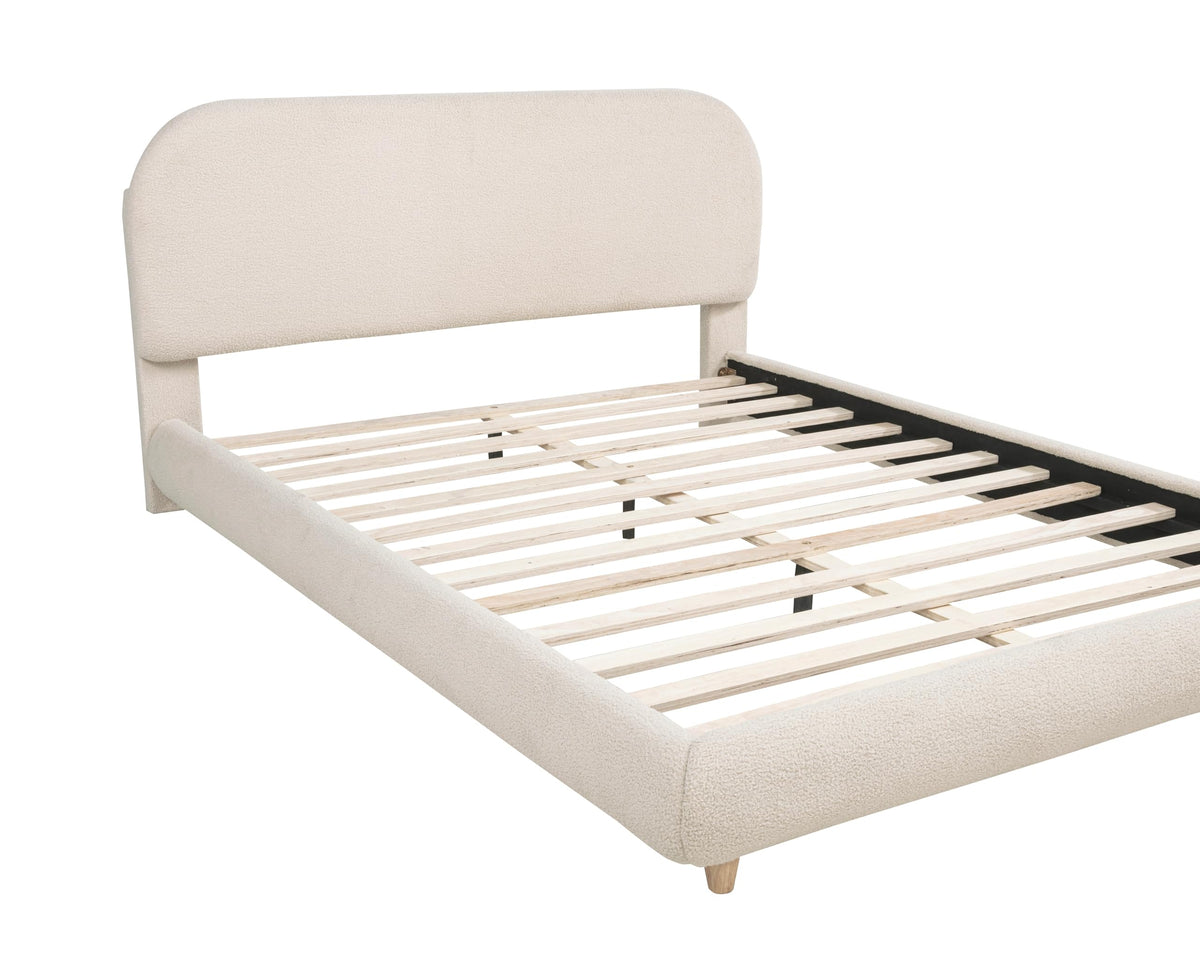 Cteris Queen Fleece Upholstered Bed Frame, Curved Side Rails and Footboard in Cream - front view
