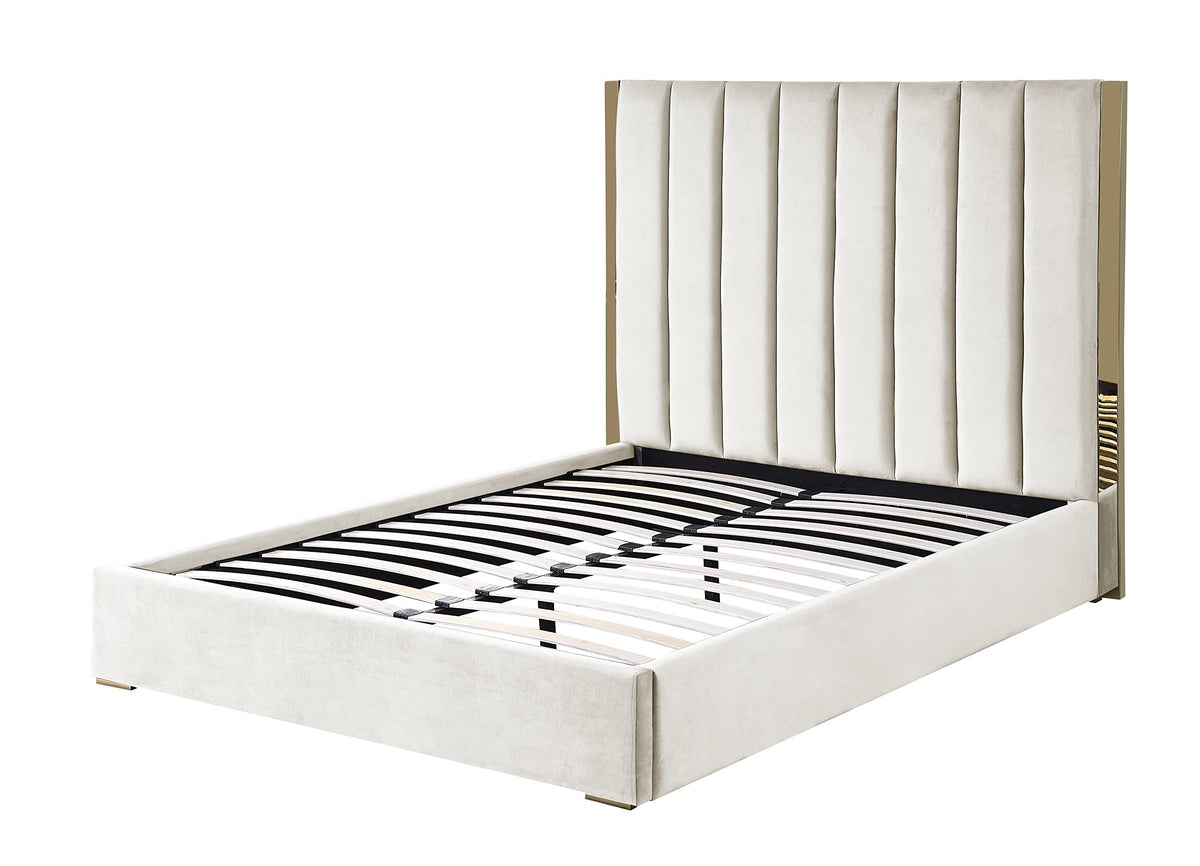 Jalen Modern Velvet Upholstered Platform Bed Frame, King, Glam Contemporary Design (Beige - detail view