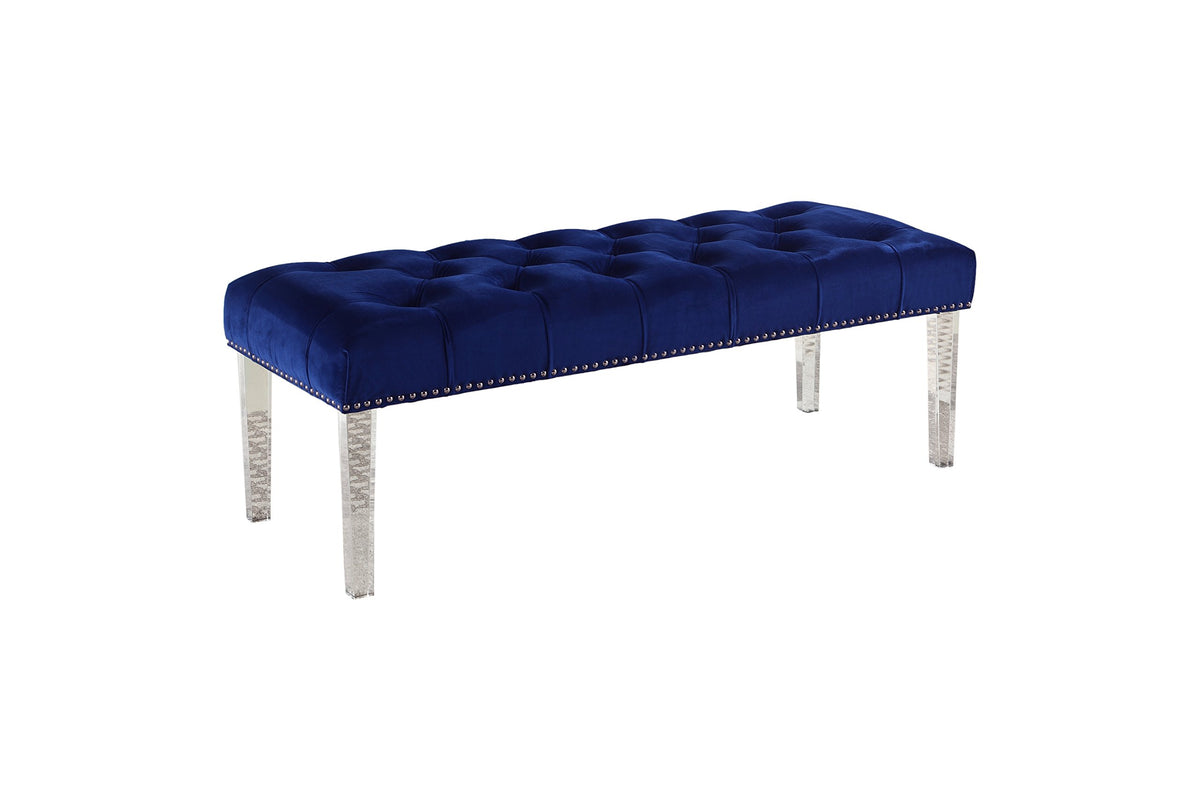 Yafelle 48” Velvet Upholstered Glam Bench with Button Tufted Seat, Silver Nailhead Trim in Blue