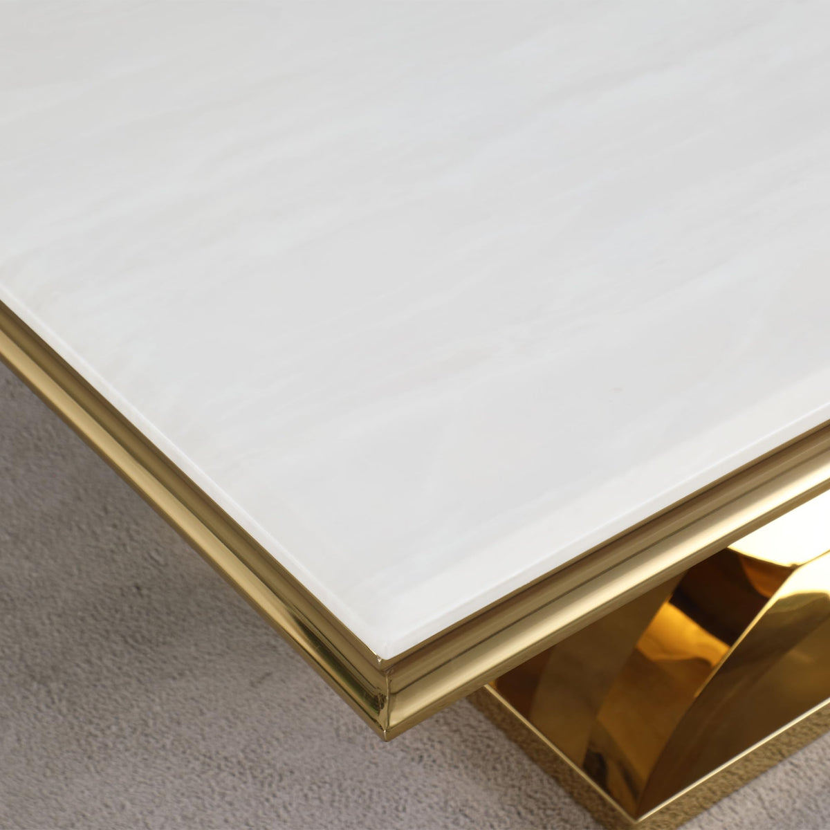 Trinidad Contemporary White Rectangular Stone Coffee Table in Gold - detail view