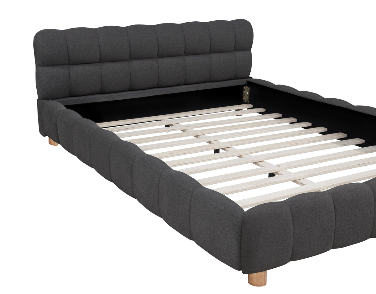 Ctoria Queen Burlap Bed Frame with 30" Curved Block-Style Headboard, Low Profile in Grey - front view