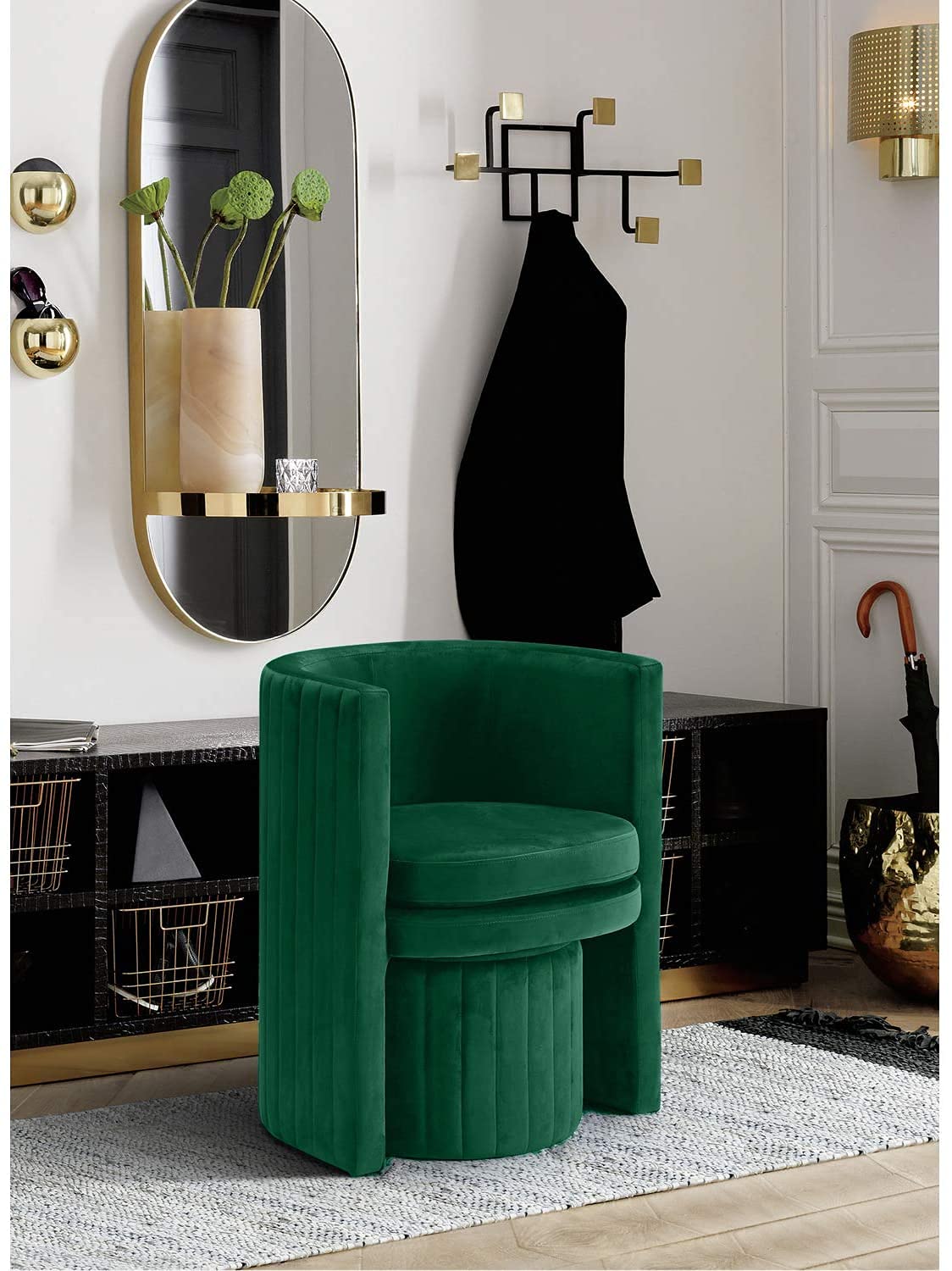 Seager Green Velvet Round Arm Chair with Ottoman - front view - Green
