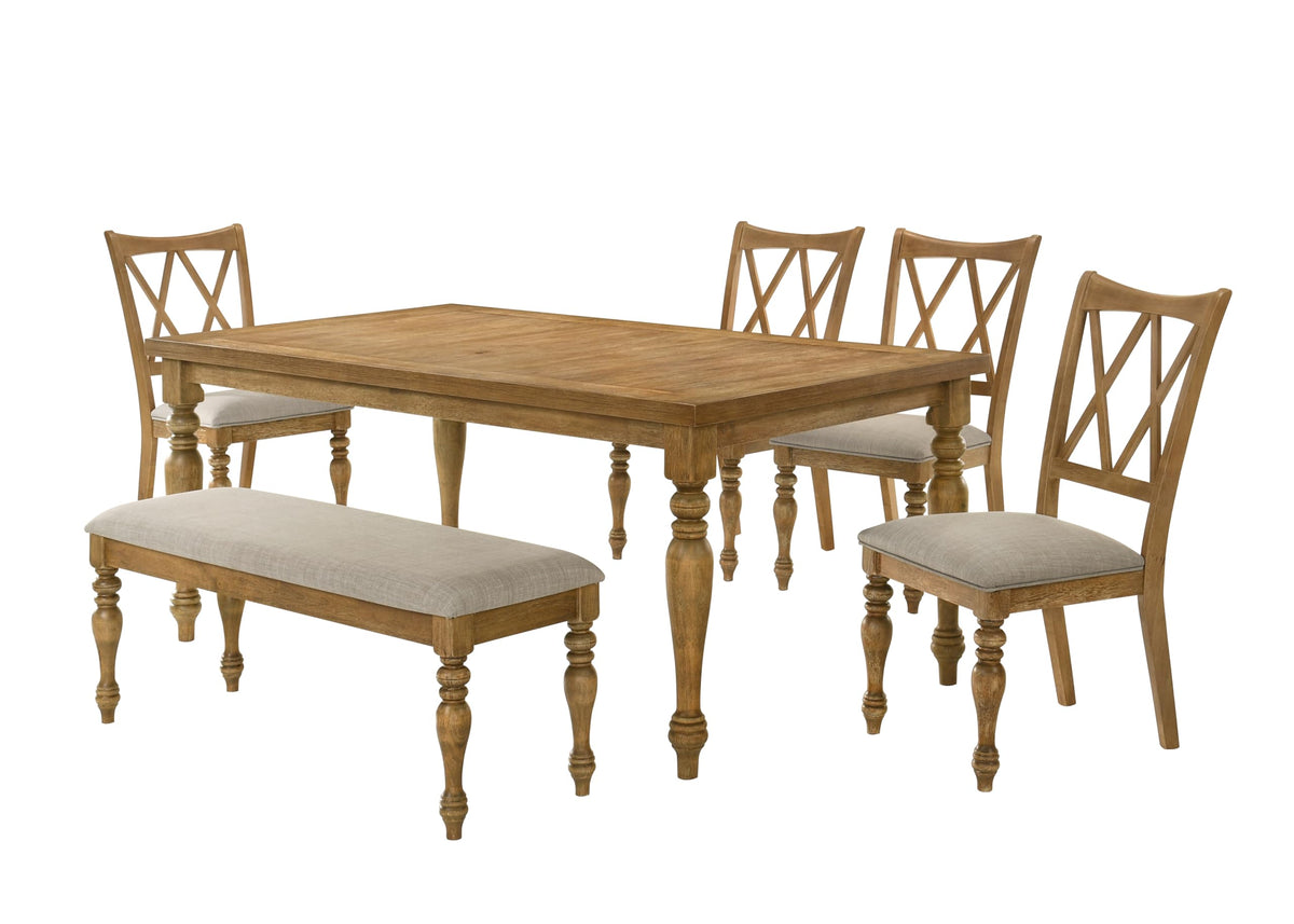 Huntington 6-Piece Transitional Dining Set with 72" Rectangle Table, 4 Chairs & 1 Bench in Antique Natural Oak