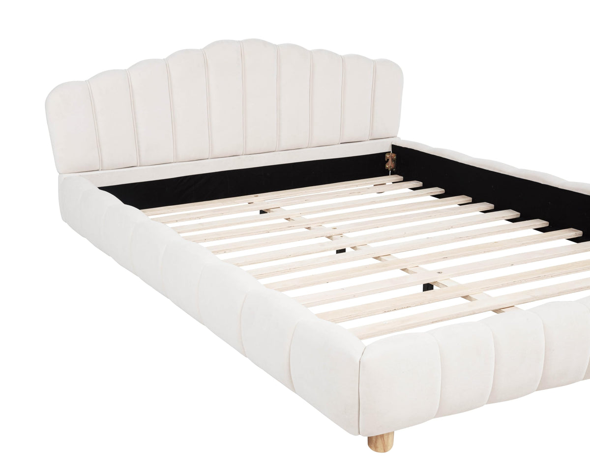 Ctera Queen Velvet Bed Frame with 30" Shell-Shaped Headboard, Low Profile in Cream - side view