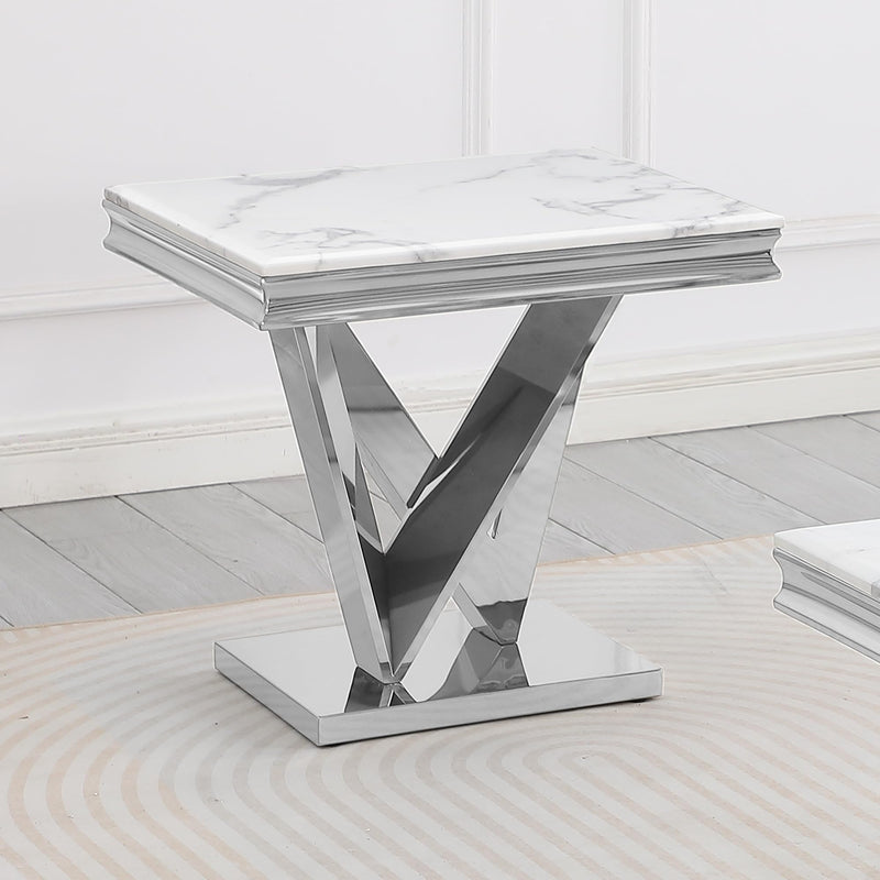 Thiago Contemporary White Square Stone End Table in Silver