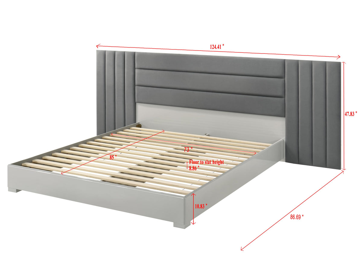 Velasca 87" California King Bed Frame, Fabric Channel Tufted Headboard in Dark Gray/Light Gray - side view