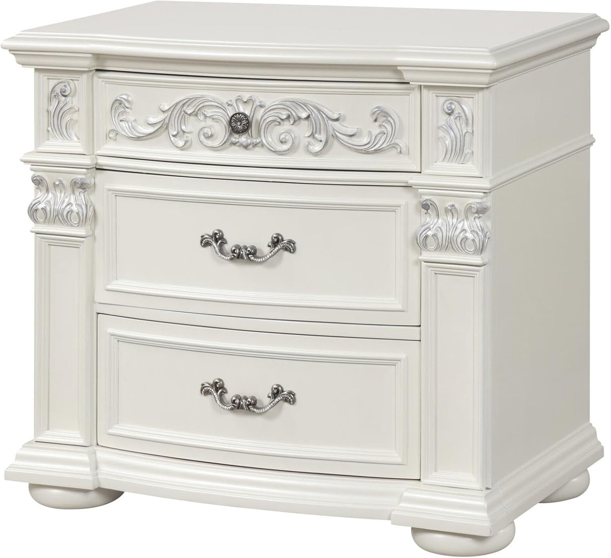 A white two-drawer nightstand with ornate silver scrollwork details on the drawer fronts and sides, featuring decorative carved panels and silver metal handles.