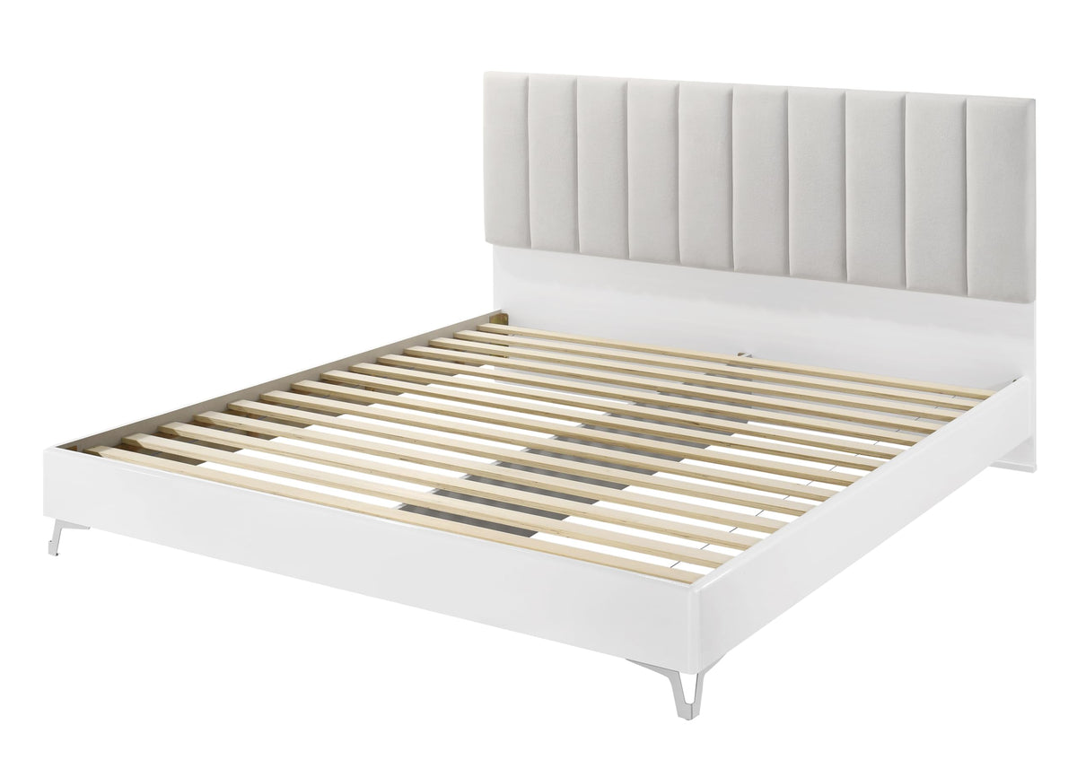 Linea 83" Eastern King Bed Frame, White Frame with Beige Padded Headboard - angle view