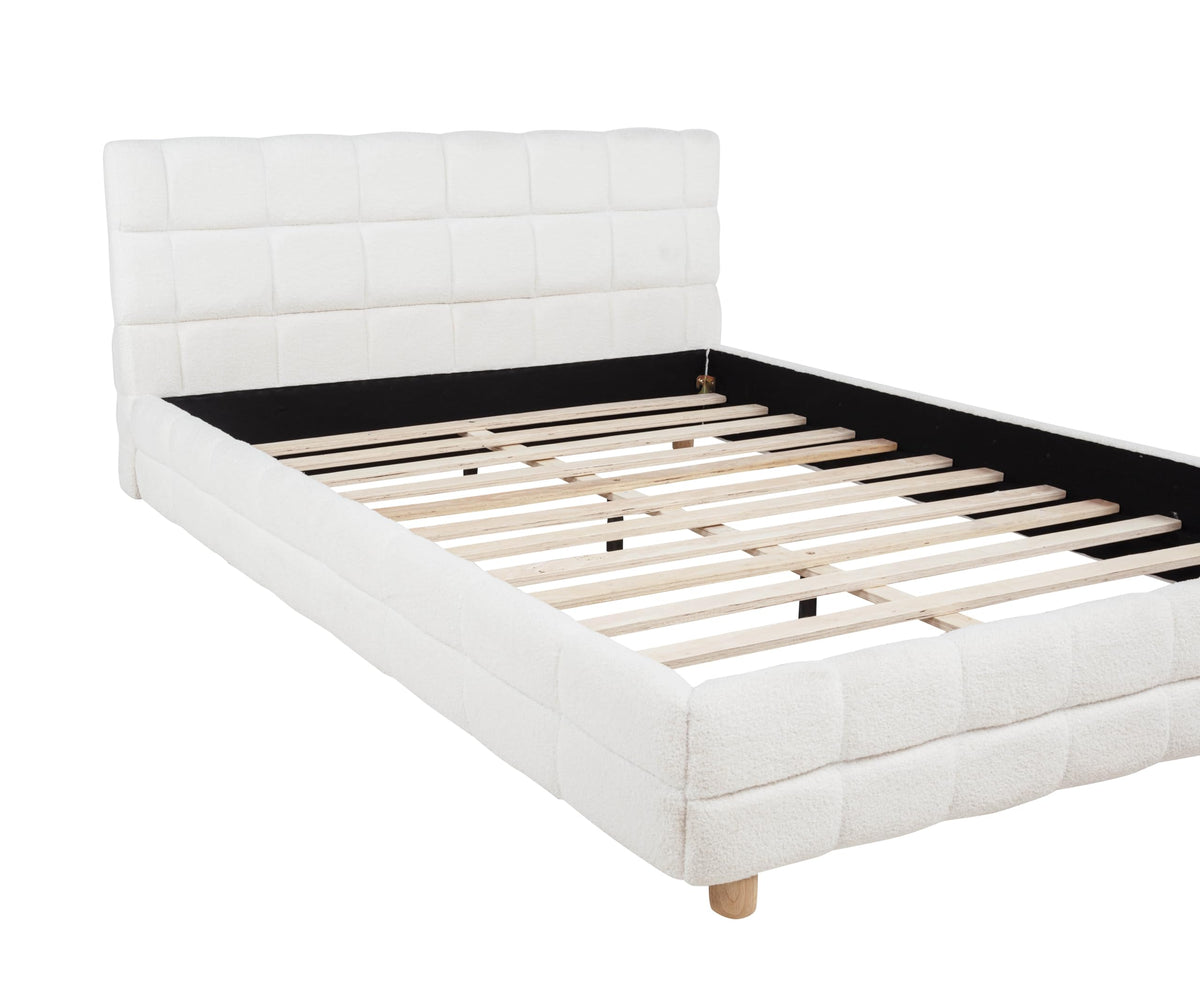 Ctalon Queen Fleece Upholstered Bed Frame, Low Profile in Cream - side view