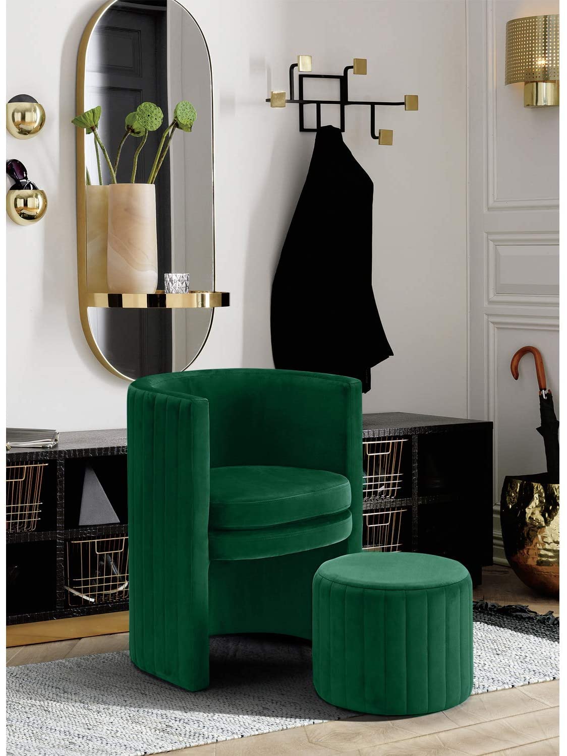 Seager Green Velvet Round Arm Chair with Ottoman - side view