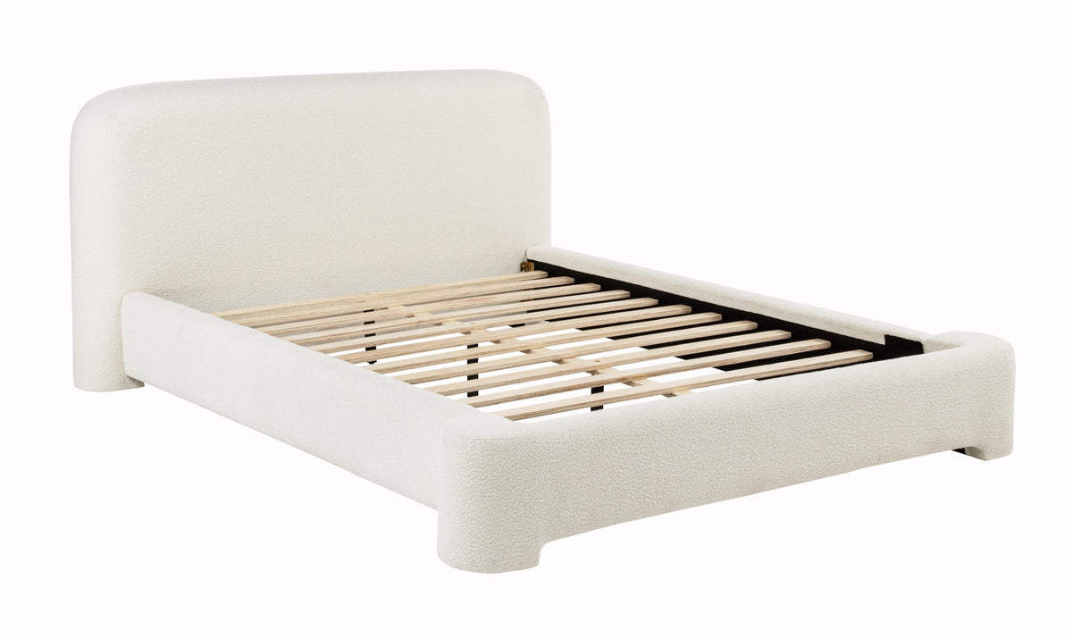 Avera Modern Upholstered Burlap Bed Frame with Low Profile, Queen, Slat Support Included in Cream - detail view