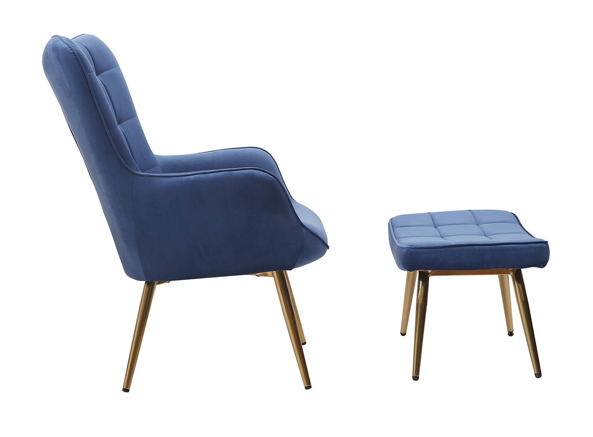 Velvet Chair and Ottoman Set in Navy Blue - side view