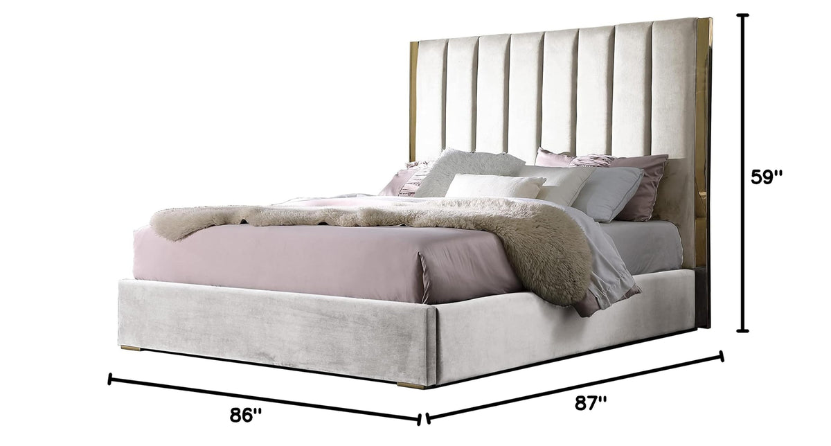 Jalen Modern Velvet Upholstered Platform Bed Frame, King, Glam Contemporary Design (Beige - side view