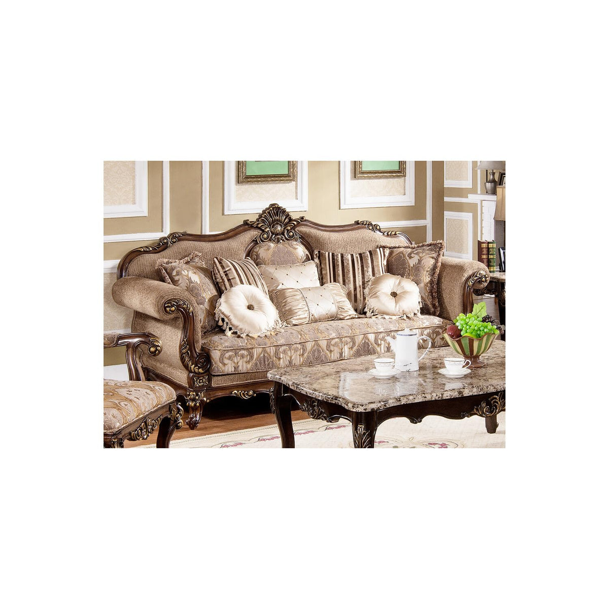 Winfrey 2-Pc Solid Wood and Chenille Living Room Set in Cherry - side view