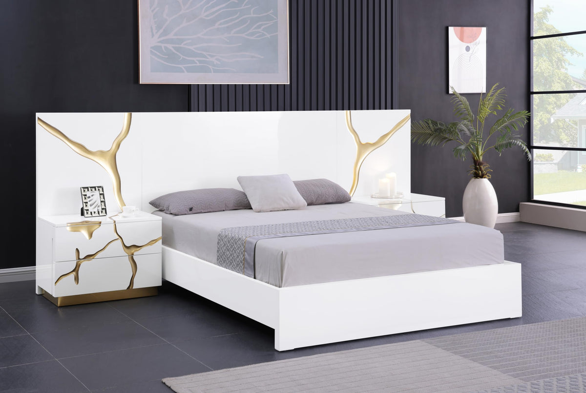 Trevello Modern Lacquered High Gloss Eastern King Bed Frame, Expansive Headboard with Optional… - front view - White/Gold