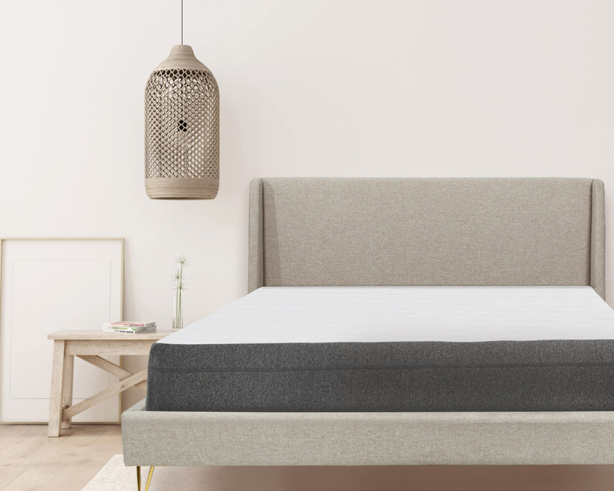 Gray Upholstered Bed with Angled Brass Legs – image 1