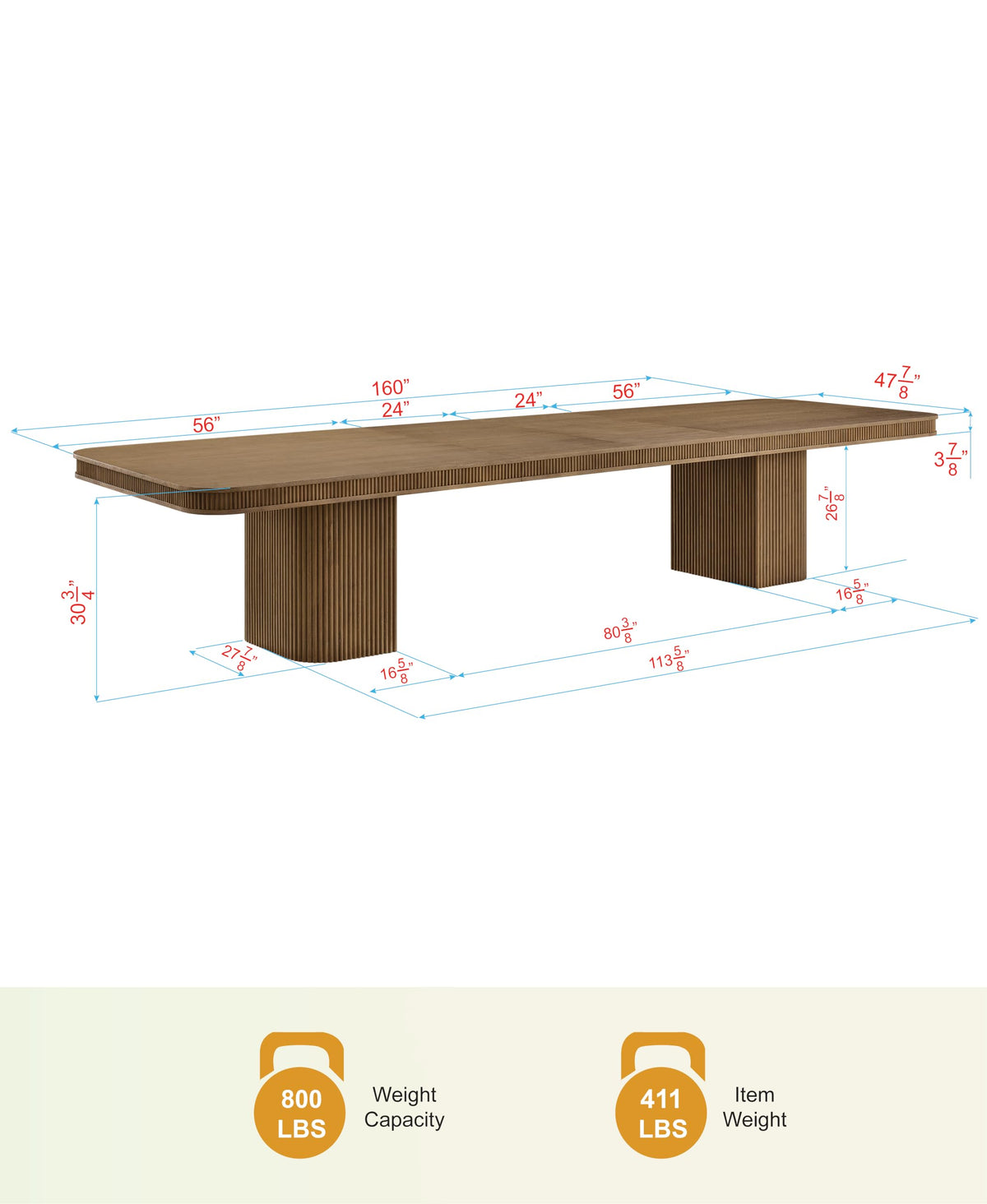 Dinsmore 160" Mid Century Modern Fluted Rectangle Dining Table - side view