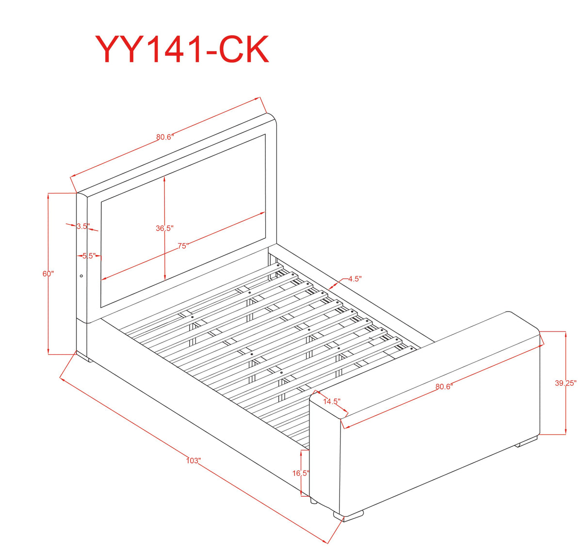 Yureya Upholstered Modern Platform Bed Frame with Hidden TV Lift Storage, California King… - side view