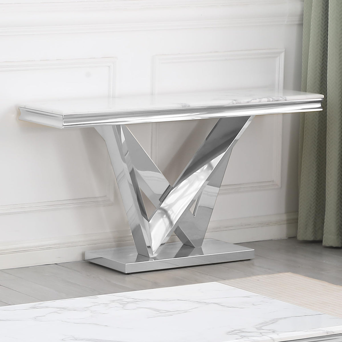 Thiago Stone Top Console Table in White and Gold