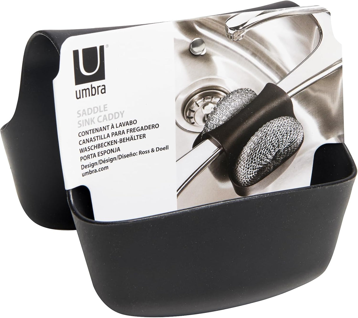 Umbra Saddle Sink Caddy – Flexible Rubber Kitchen Sink Sponge Holder & Dish Brush Organizer, Black