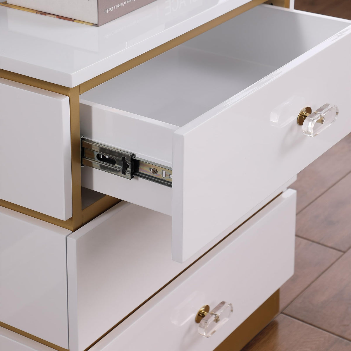 Terry Contemporary Gold Side Table with Clear Acrylic Handles in White - close-up