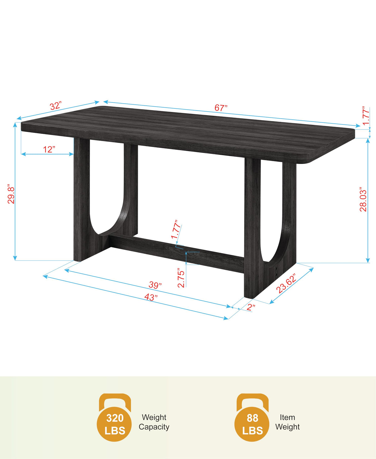 Cadewood 67" Mid-Century Modern Rectangle Dining Table - side view