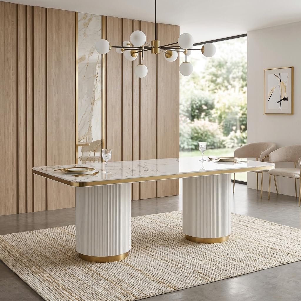 Trandell 79" Modern Glam Rectangle Faux Marble Top Dining Table - back view