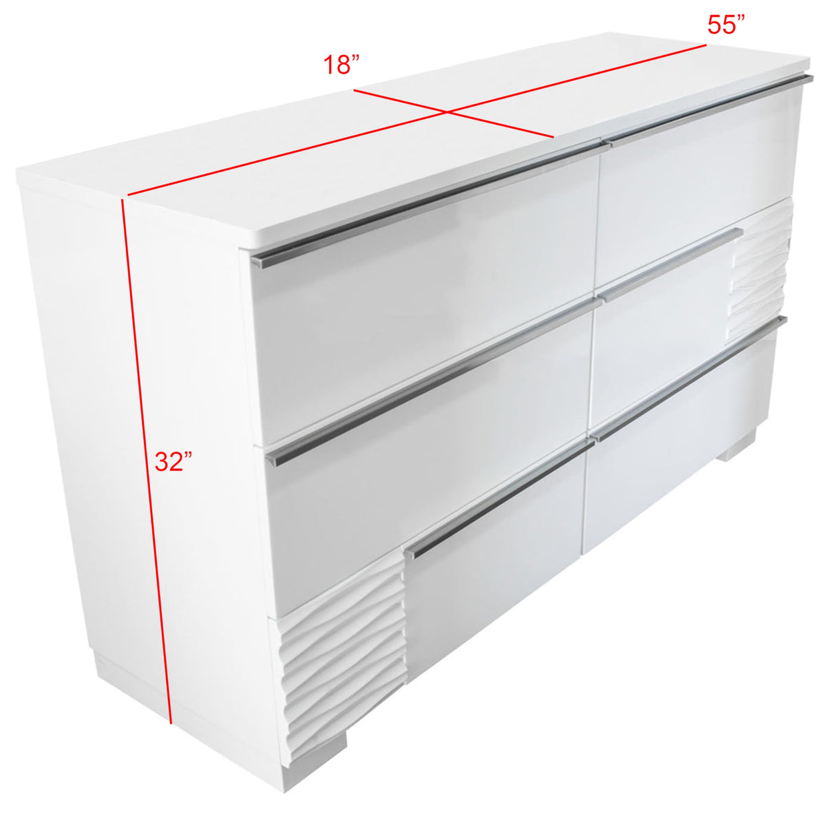 Athen 55" 6-Drawer Dresser with Chrome Pull Handles, White High Gloss Lacquer Finish - front view
