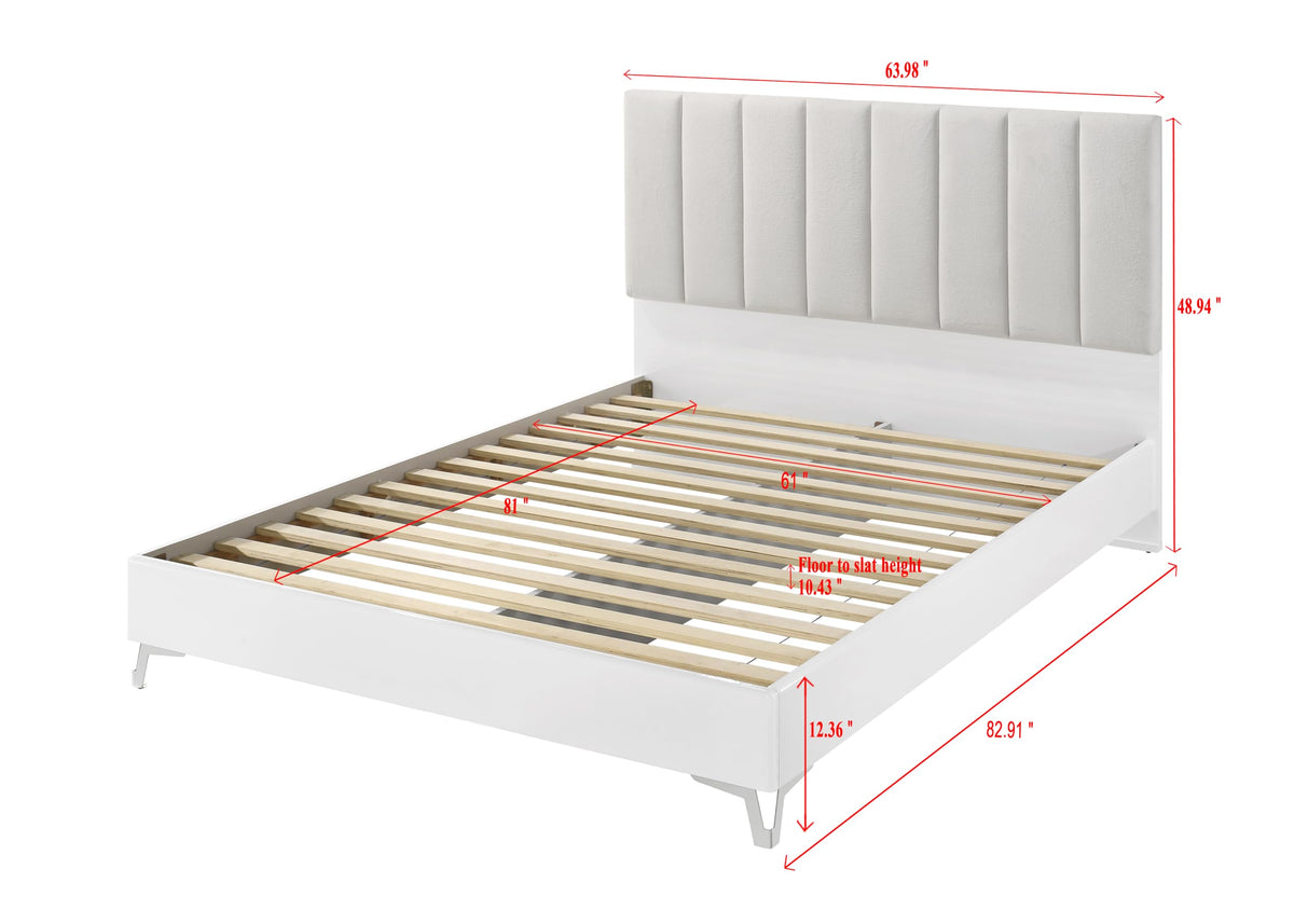 Linea 83" Queen Bed Frame, White Frame with Beige Padded Headboard - side view