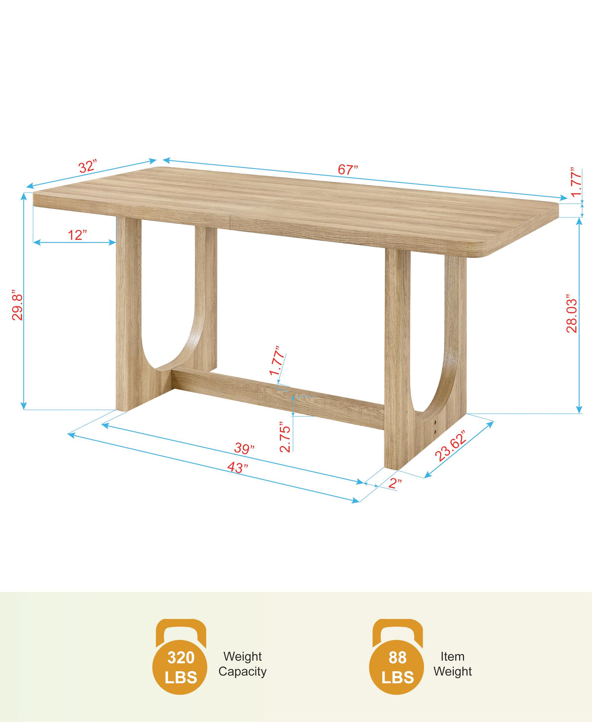 Cadewood 67" Mid-Century Modern Rectangle Dining Table - side view - Light Oak