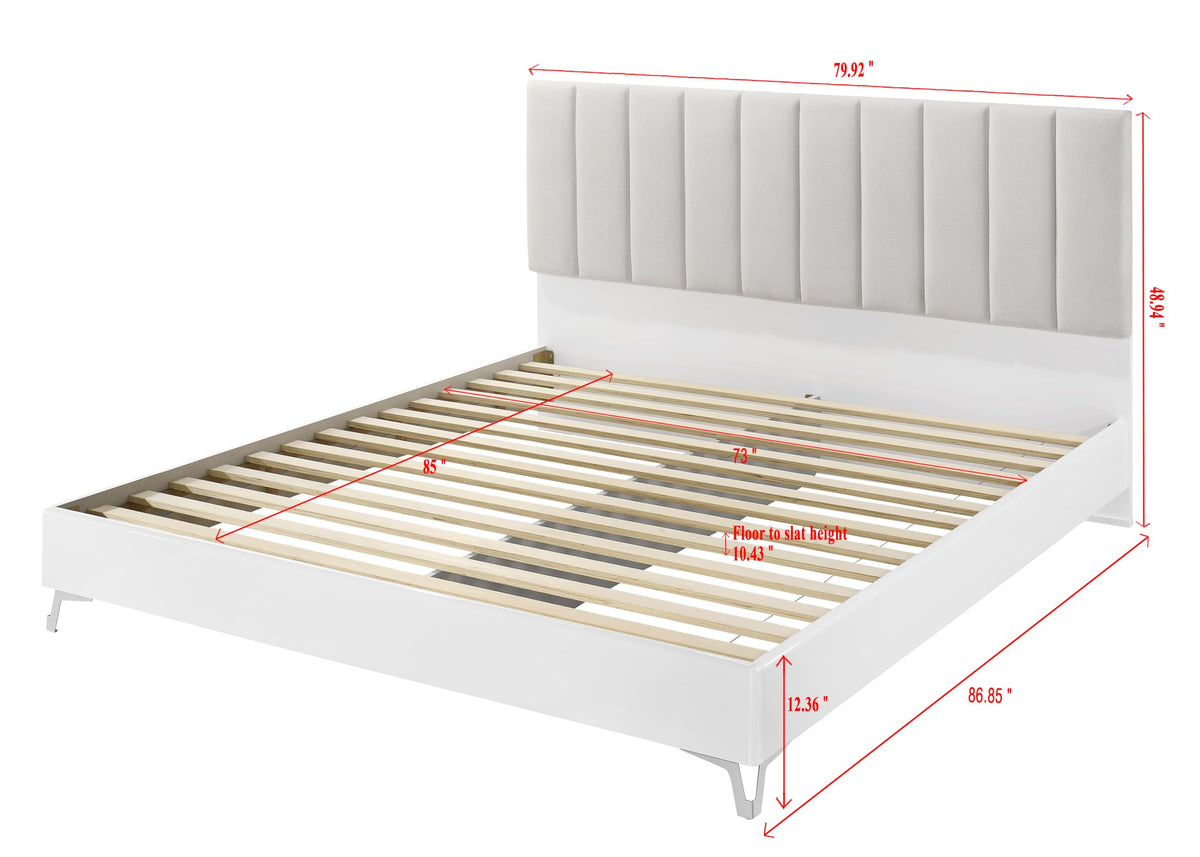 Linea 87" California King Bed Frame, White Frame with Beige Padded Headboard - side view