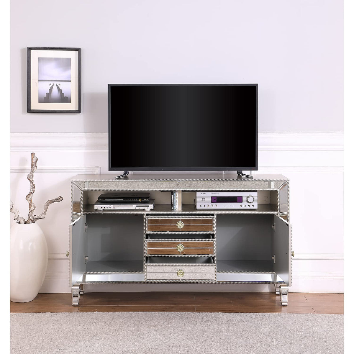 Byron Mirrored Glam Stand Supports up to 65" Tvs in Silver - detail view