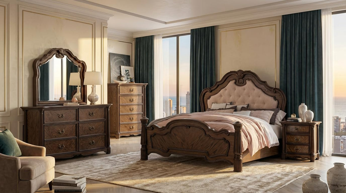 Nicole Rich Walnut Bedroom Set β Queen & King β collection view; check selected pieces