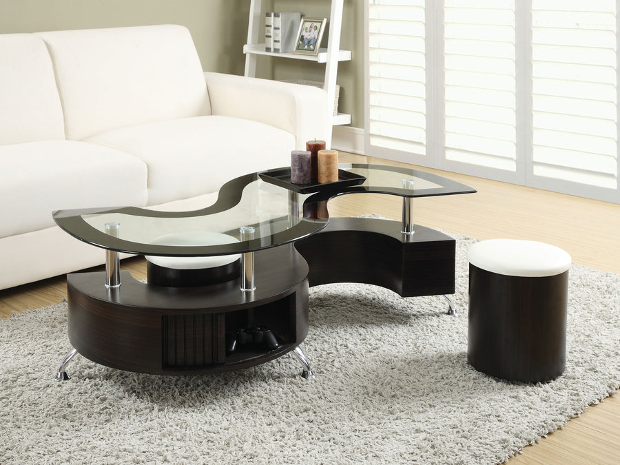 Buckley 3-Piece Glass Top Coffee Table with 2 Stools - Serpentine Shape with Sliding-Door Storage in Cappuccino