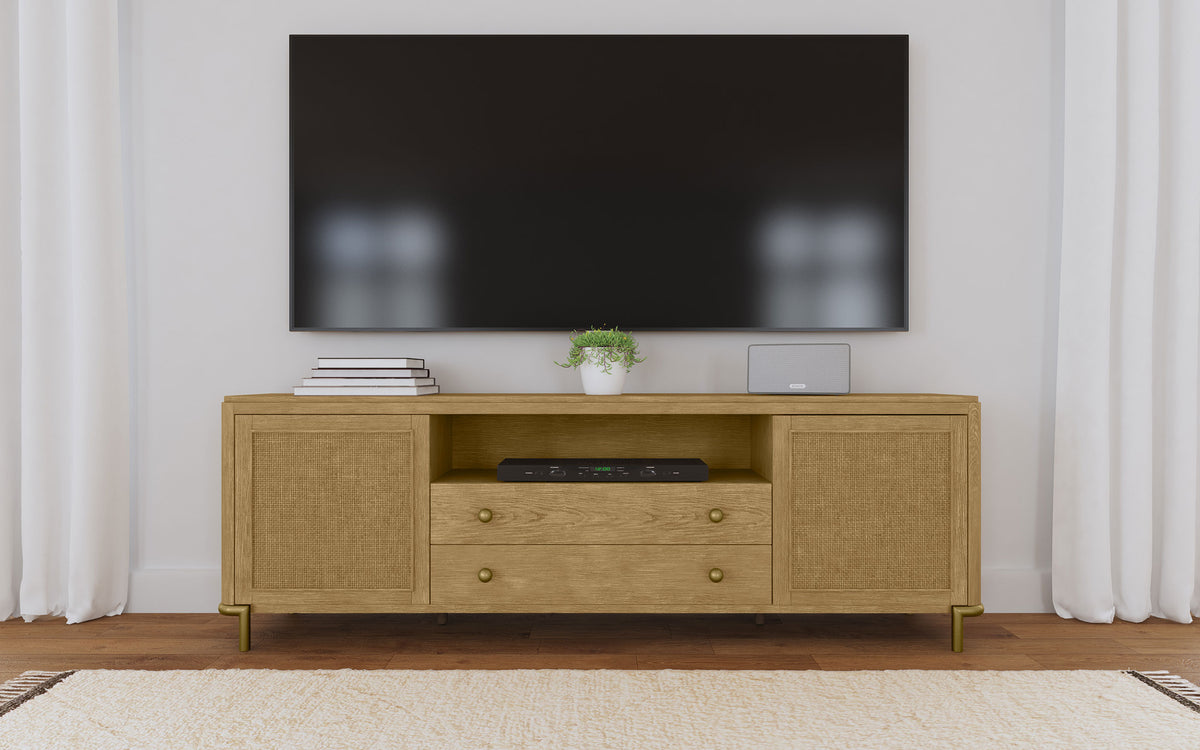 Arini 79" TV Stand - Sand Wash Media Console with Woven Cane Doors & Aged Brass Legs – view 1
