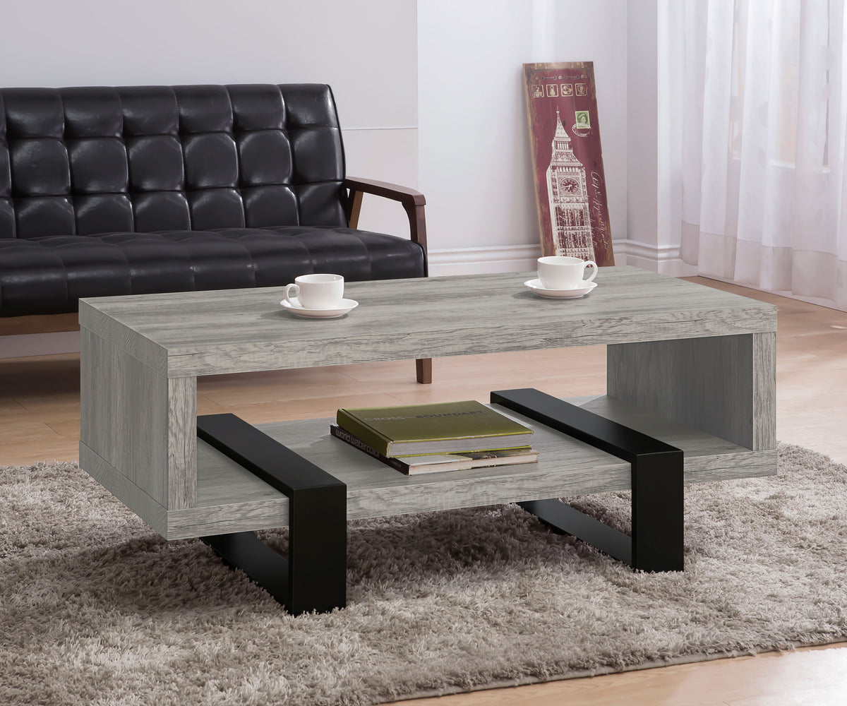 Dinard 47" Coffee Table - Grey Driftwood with Open Shelf & Black Metal Supports – view 1