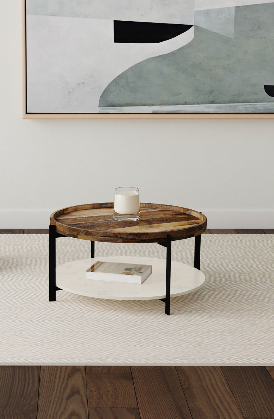 Adhvik 30" Round Coffee Table - Recessed Mango Wood Top, White Marble Shelf & Black Iron Legs