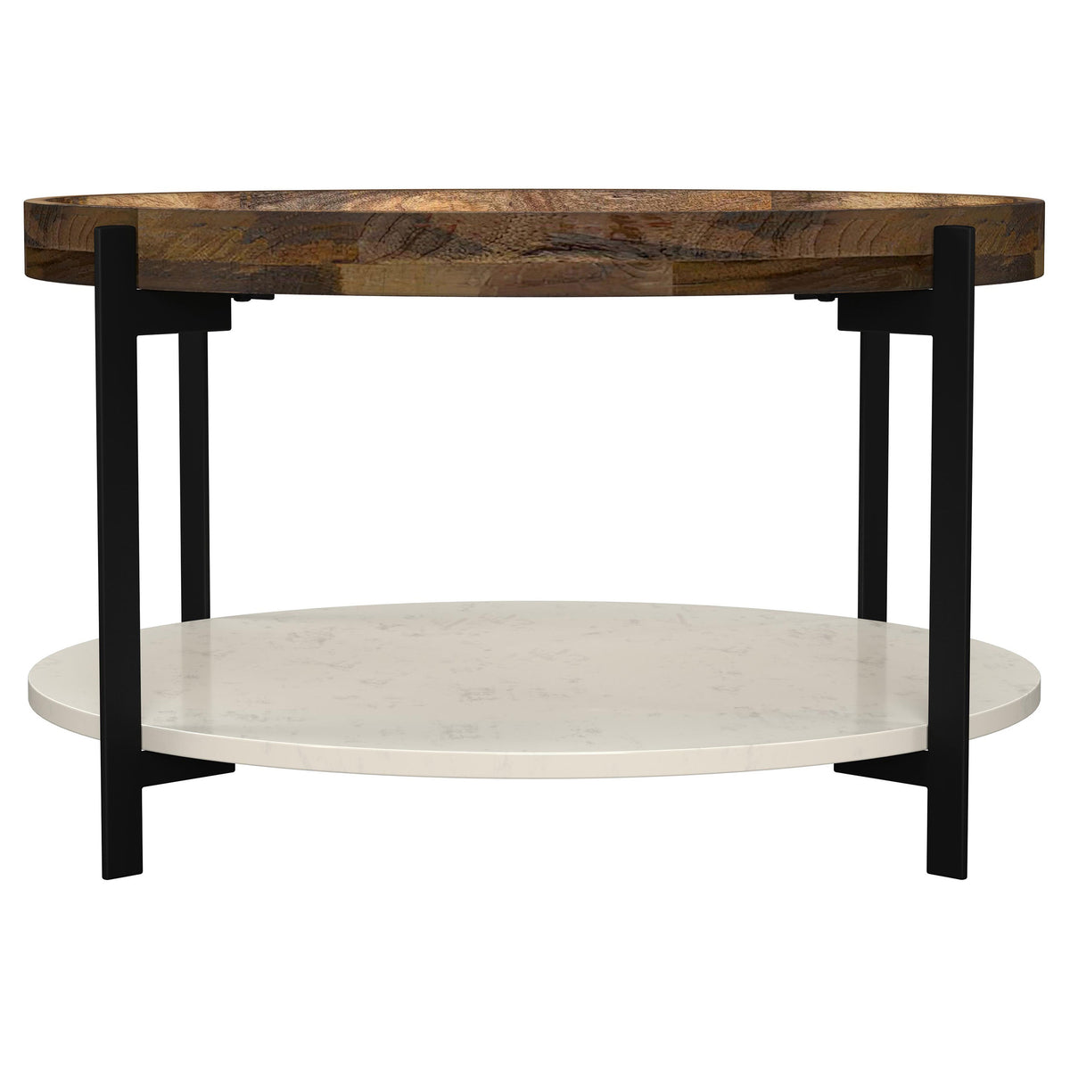Adhvik 30" Round Coffee Table - Recessed Mango Wood Top, White Marble Shelf & Black Iron Legs – view 3