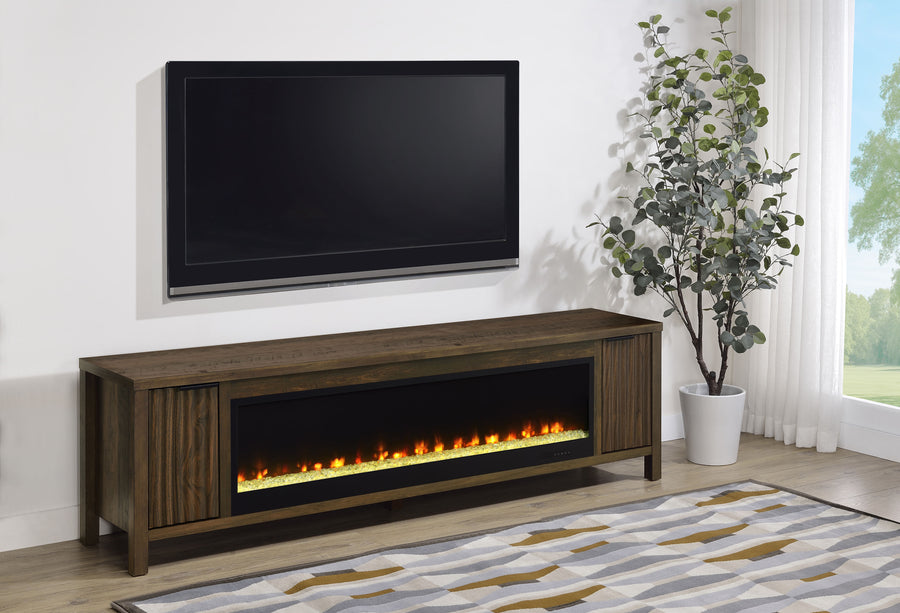 Carey 79" Fireplace TV Stand with Slatted Doors - Electric Flame Insert, Dark Pine Media Console
