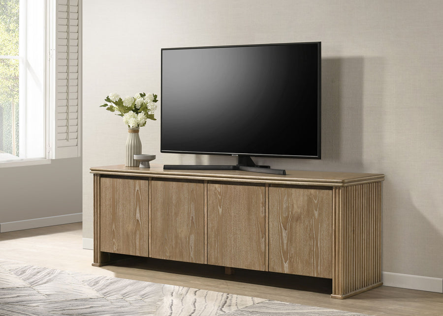 Adina 70" TV Stand with Reeded Sides & 4 Doors - Distressed Light Brown Ash Veneer, Arrives Assembled